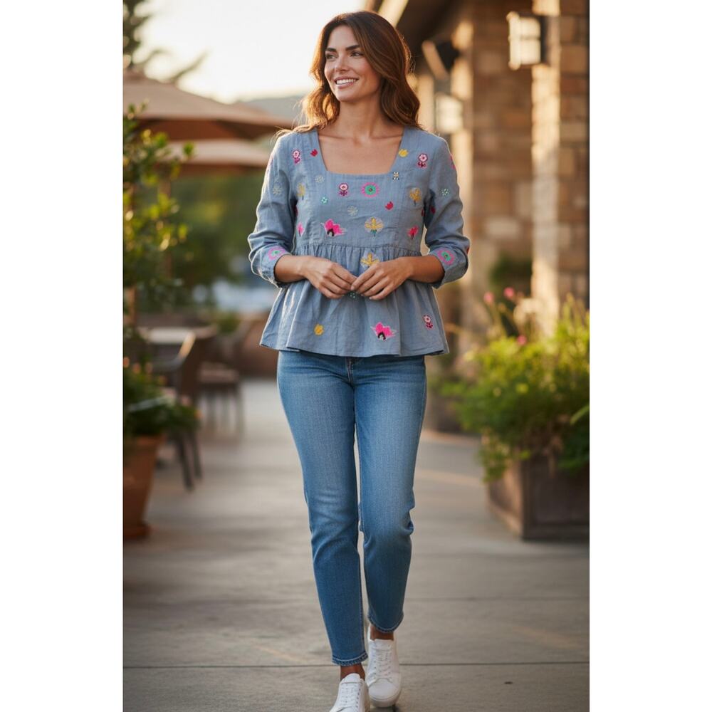 Nimo With Love Square Neck Linen Embroidered Vivid Floral Top‎ Blue Size Large